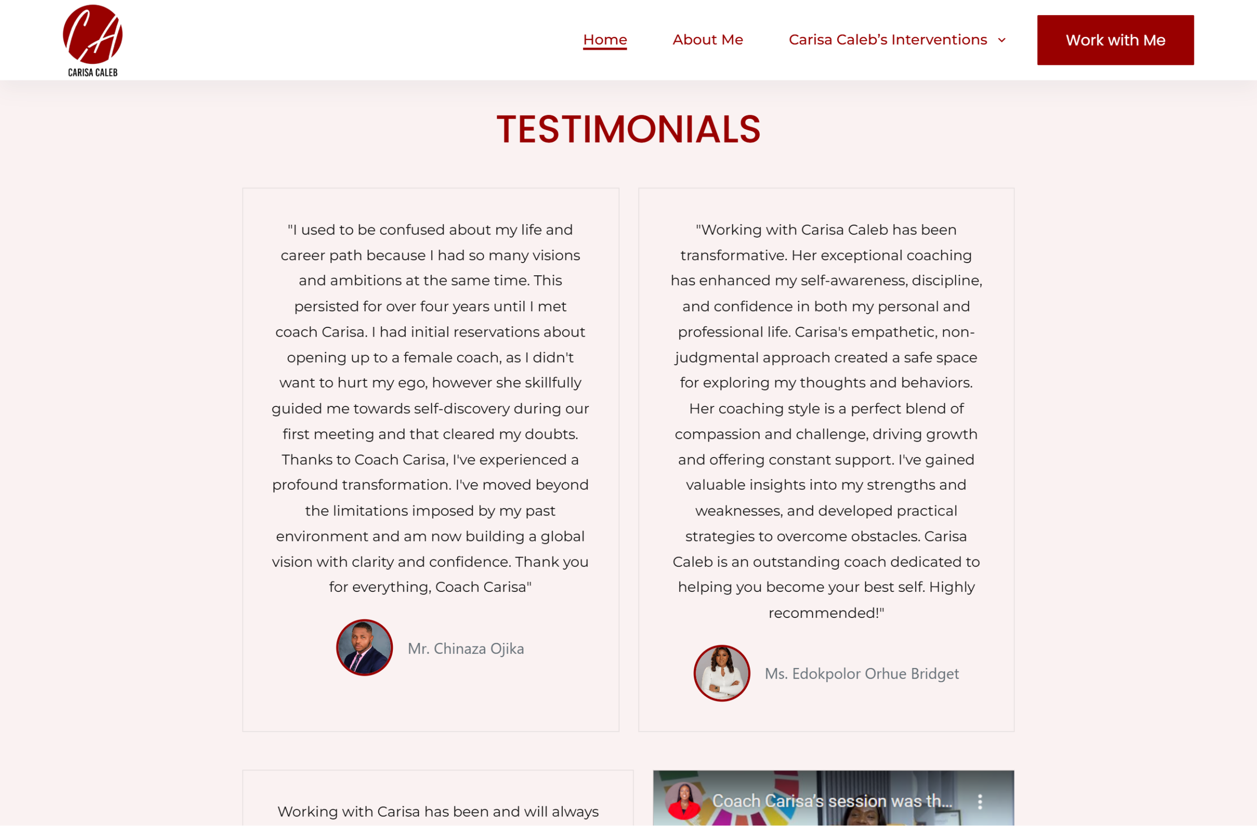 snapshot of carisa caleb website testimonial